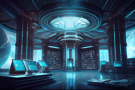 futuristic library with futuristic computers and holographic displays for accessing vast amounts of information, created with generative aiの素材