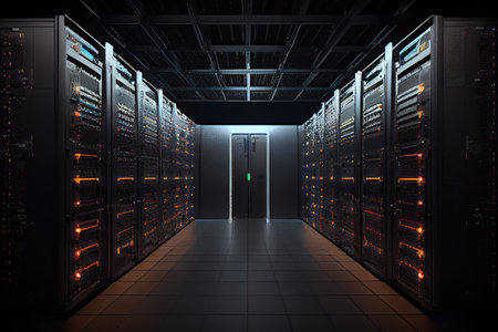 futuristic library data center, with rows of servers and racks of networking equipment, created with generative aiの素材