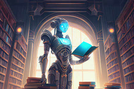 high-tech library with robot librarian and holographic books, created with generative aiの素材