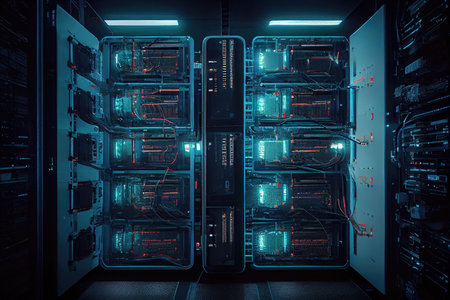 busy data center with rows of servers, flashing lights, and humming machines, created with generative aiの素材