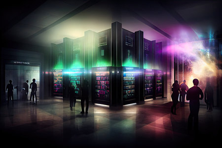 futuristic library data center with holographic projections, interactive displays, and virtual reality experiences, created with generative aiの素材