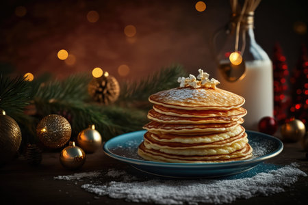 homemade pancakes with delicious crispy edges for christmas on blurry background, created with generative aiの素材
