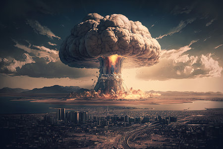 close-up of mushroom cloud with view of devastated city in the background, created with generative aiの素材