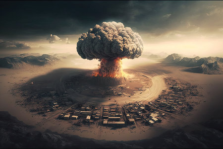 aerial view of mushroom cloud hovering over destroyed city, created with generative aiの素材