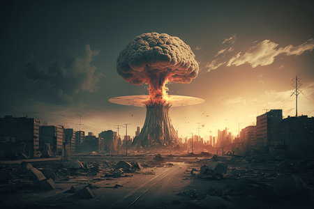 destruction of major city following nuclear attack, with mushroom cloud rising above the skyline, created with generative aiの素材