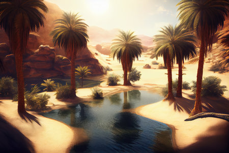 oasis with palm trees, clear water and hot sun shining down, created with generative aiの素材