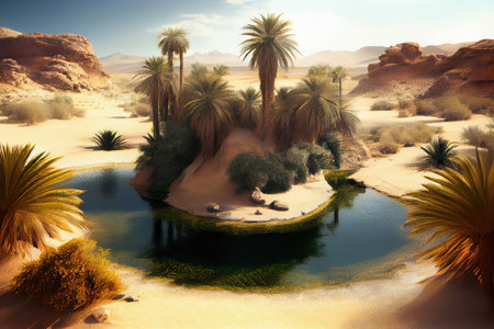 oasis with palm trees and cool water in the middle of hot desert, created with generative aiの素材