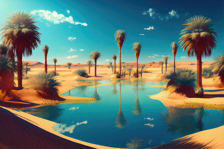 oasis with palm trees and clear blue skies, surrounded by endless desert, created with generative aiの素材