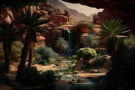 oasis with waterfall and lush greenery, surrounded by desert, created with generative aiの素材
