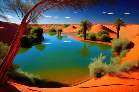 oasis with clear blue water, surrounded by red sand dunes, created with generative aiの素材