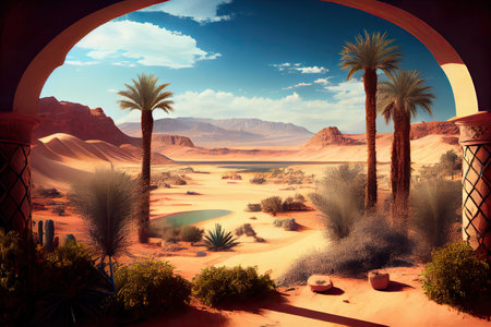 oasis in desert with view of distant mountains, showcasing the contrast between land and sky, created with generative aiの素材
