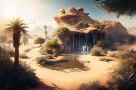 desert oasis with waterfall and lush greenery, surrounded by sand dunes, created with generative aiの素材