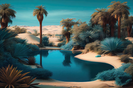 oasis with blue pool and palm trees, surrounded by dunes, created with generative aiの素材