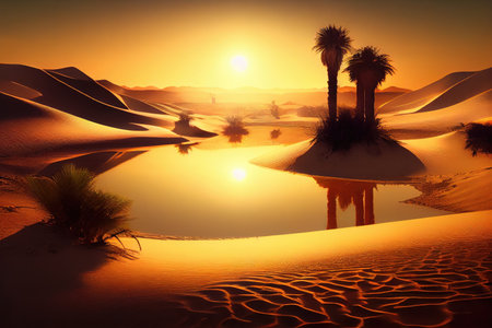 oasis in desert with sunrise, showing the first rays of sunlight on the horizon, created with generative aiの素材