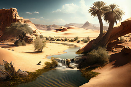 desert scene with oasis, water flowing from spring, created with generative aiの素材