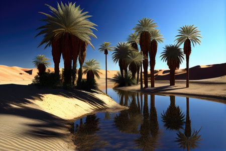 oasis with palm trees and clear blue sky in the desert, created with generative aiの素材