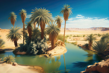 oasis in desert with palm trees and blue sky, created with generative aiの素材