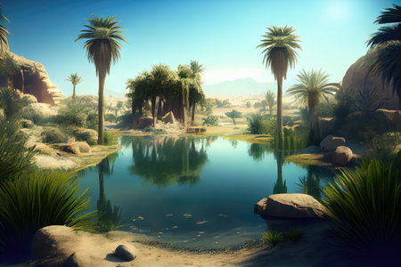 oasis with clear blue sky and sun shining down on its lush greenery, created with generative aiの素材