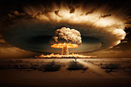 searing heat of nuclear blast wave, with mushroom cloud rising in the background, created with generative aiの素材