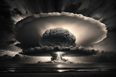 dramatic shot of mushroom cloud, with the sun shining through its inky blackness, created with generative aiの素材