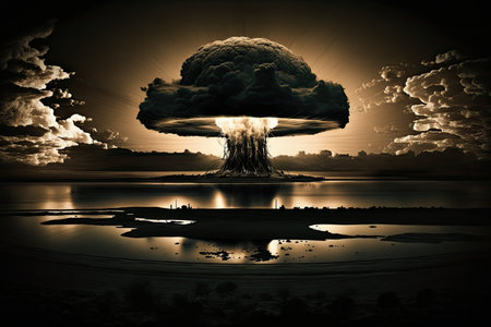 dramatic shot of mushroom cloud, with the sun shining through its inky blackness, created with generative aiの素材