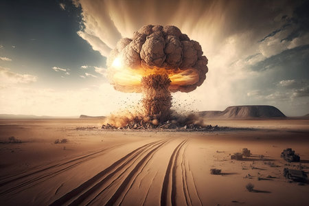 nuclear bomb explosion in the middle of desert, with dust and debris flying through the air, created with generative aiの素材