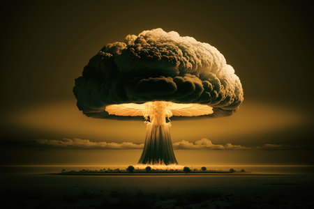 simulation of a nuclear bomb blast, showing the mushroom cloud and radiation spreading across the sky, created with generative aiの素材