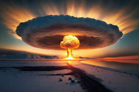 dramatic sunrise, with mushroom cloud rising above the horizon in the background, created with generative aiの素材