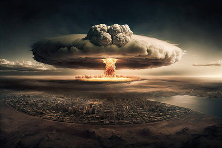 aerial view of mushroom cloud from nuclear bomb explosion, with city in the background, created with generative aiの素材