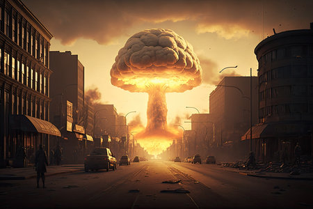 nuclear explosion in the middle of a bustling city, with smoke and flames rising into the sky, created with generative aiの素材