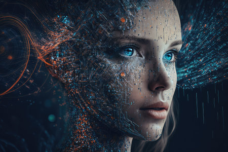 neural network, with neurons and synapses visible, learning to recognize faces, created with generative aiの素材