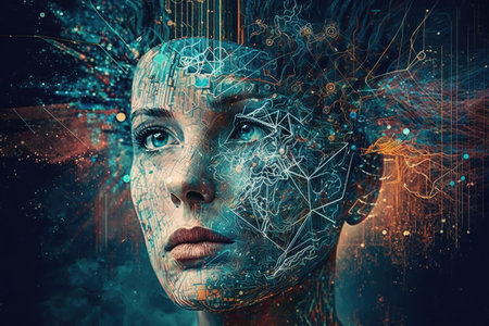 neural network, with neurons and synapses visible, learning to recognize faces, created with generative aiの素材