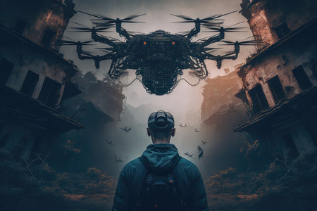 person, using neural network to control drone in complex and dangerous environment, created with generative aiの素材