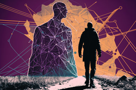 person, exploring new place, with guidance of neural network providing directions, created with generative aiの素材