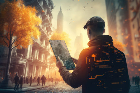 person, learning to navigate new city using neural network navigation app, created with generative aiの素材