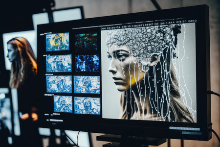 neural network processing live video feed, with real-time results displayed on monitor, created with generative aiの素材