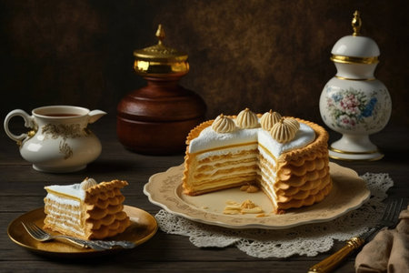 homemade desserts in form of napoleon cake in white brokenglaze on table, created with generative aiの素材