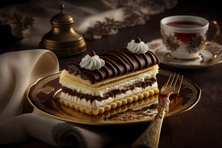 treat with cream napoleon cake with pastry pieces on plate of chocolate color, created with generative aiの素材