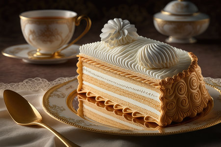 beautiful light napoleon cake with moist cream decoration, created with generative aiの素材