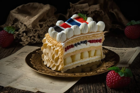 delicious dessert in form of napoleon cake decorated with cream and berries for anniversary, created with generative aiの素材