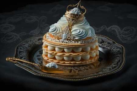 sweet dessert in form of cream napoleon cake with decoration on plate, created with generative aiの素材