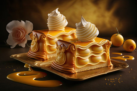 beautiful napoleons in yellow caramel with cream and decoration for dessert, created with generative aiの素材
