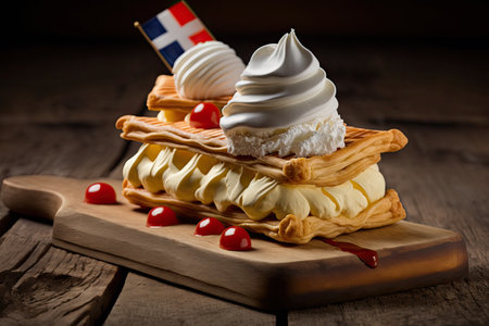 napoleons with cream on wooden board for dessert, created with generative aiの素材