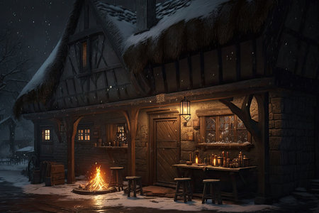medieval tavern, with roaring fire and candlelight, during winter storm, created with generative aiの素材