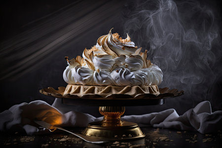 light crispy dessert meringue cake on dark background, created with generative aiの素材