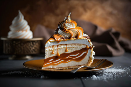 piece of meringue cake with layer of caramel on plate on blurred background, created with generative aiの素材