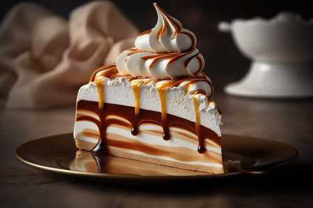 piece of meringue cake with layer of caramel on plate on blurred background, created with generative aiの素材