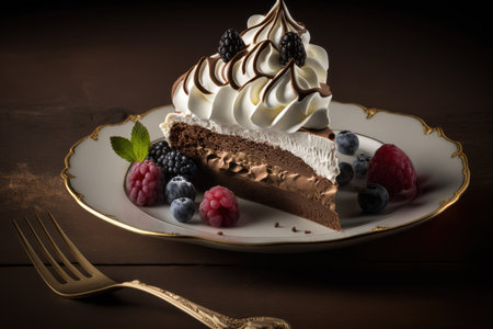 piece of chocolate meringue cake with whipped cream and berries on plate, created with generative aiの素材