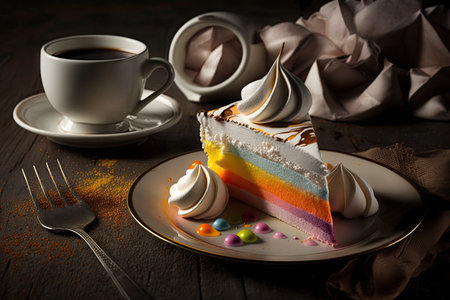 pieces of delicious bright meringue cake on saucer, created with generative aiの素材