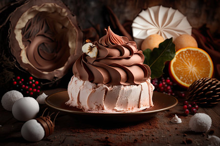 sweet dessert for festive holiday in form of meringue cake sprinkled with cocoa, created with generative aiの素材
